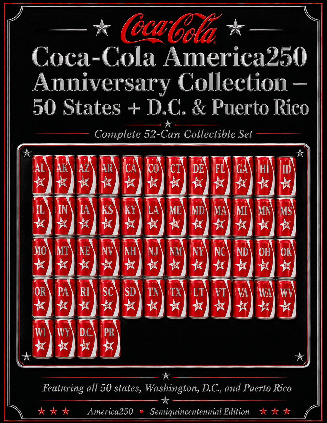 Coca-Cola America250. Mini 52 STATES CANS Collection, 2026 Semiquincentennial Coca-Cola America250. Mini 52 STATES CANS Collection, 2026 Semiquincentennial