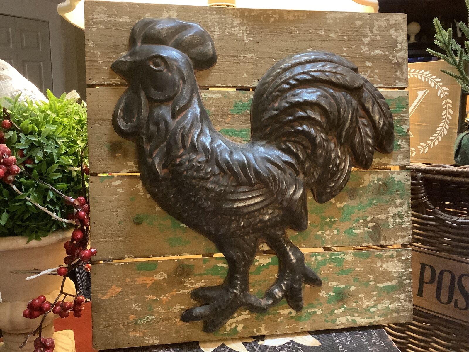 Metal Rooster on Distressed Wood Planks~Green/Cream Distressed Paint~15.75” Sq~