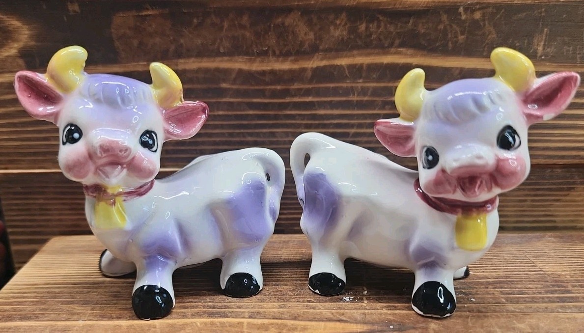 Vintage 1950s Anthropomorphic Purple Cow Salt & Pepper Shakers Japan Kitsch