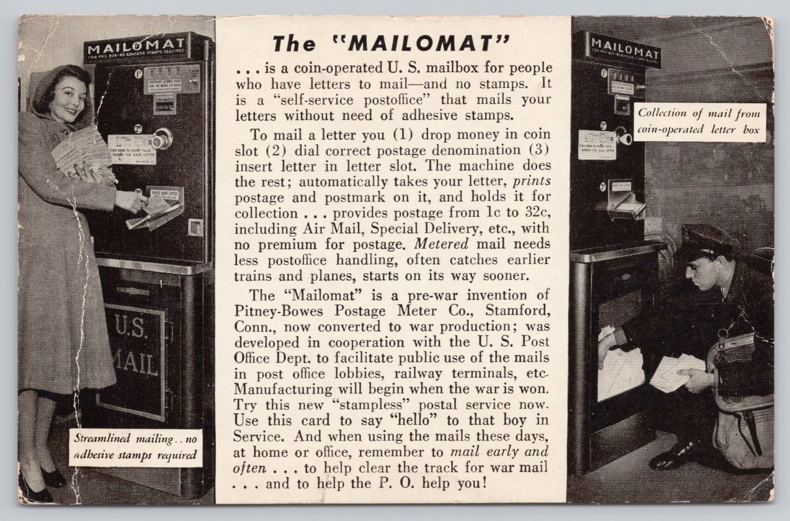 1944 Pitney-Bowes \'Mailomat\' Instructional Postcard, New York