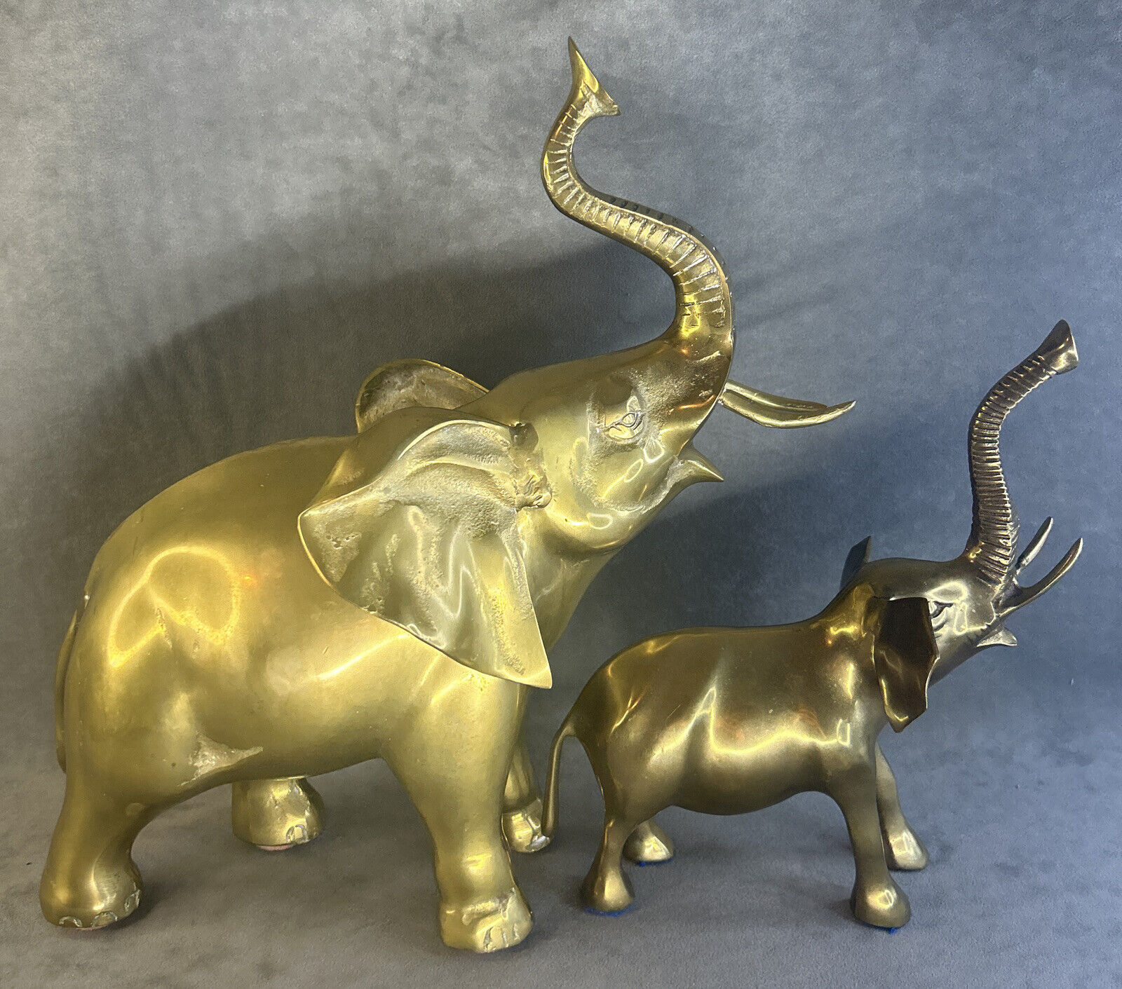 Pair Of Vintage 13.5” And 9.5” Brass Elephant Sculptures