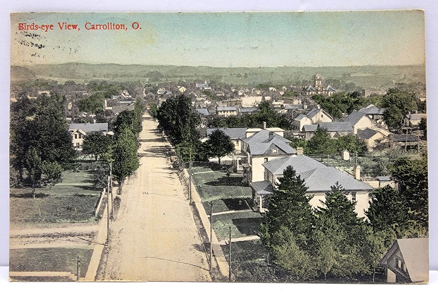 Carrollton Ohio Birds Eye View Residential Street Church 1909 Antique Postcard