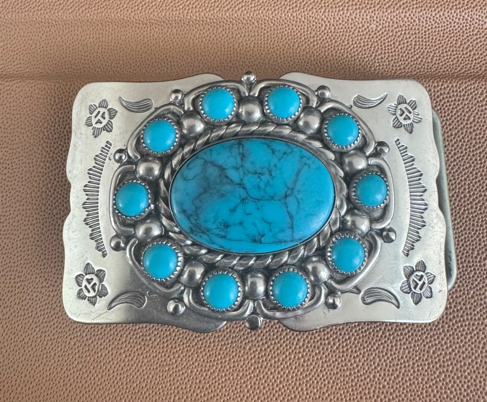 Vintage Bell Trading Post  Nickel Silver & Turquoise SW Belt Buckle Fred Harvey
