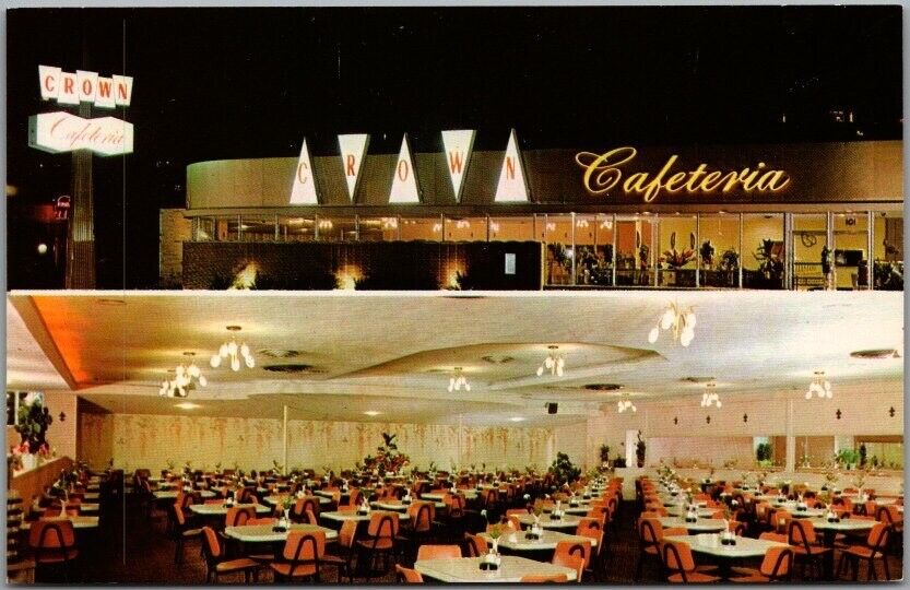 1950s California Advertising Postcard CROWN CAFETERIA Long Beach / Pasadena