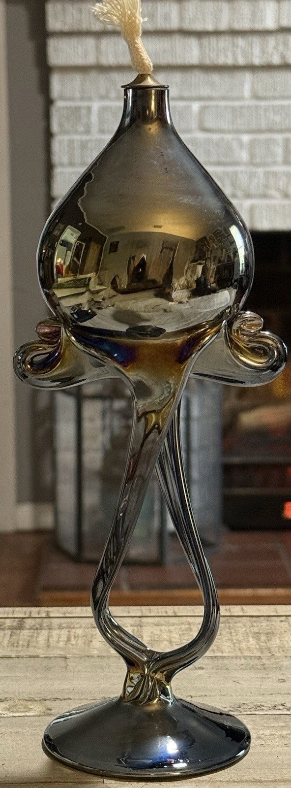 RARE Krosno Jozefina Vintage Blown Art Glass Oil Lamp Black Gunmetal Grey Poland