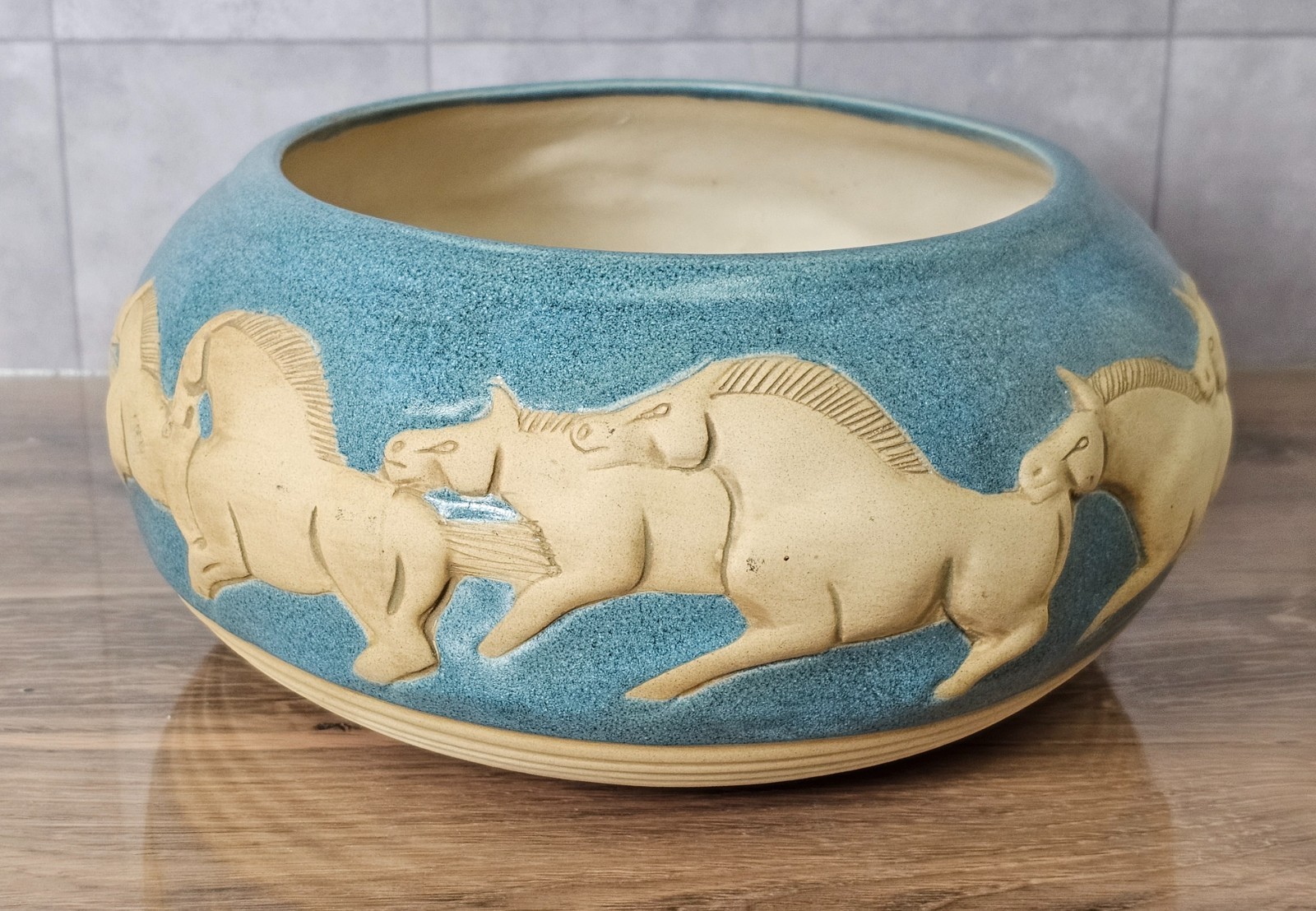 Vtg 1984 Jack Black Navajo Pottery Bowl Blue Relief Running Wild Horses Signed