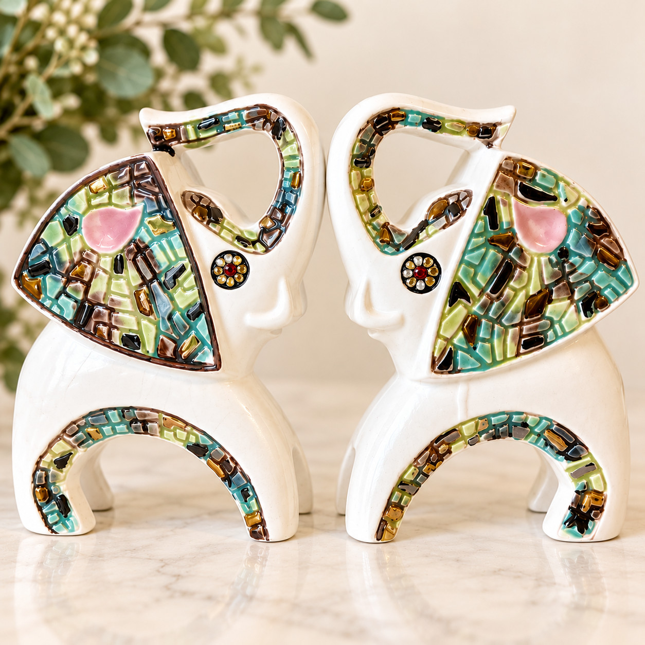 Vintage MCM Ceramic Elephant Planters Pair Lot of 2 Mosaic Rhinestone Eyes 8\