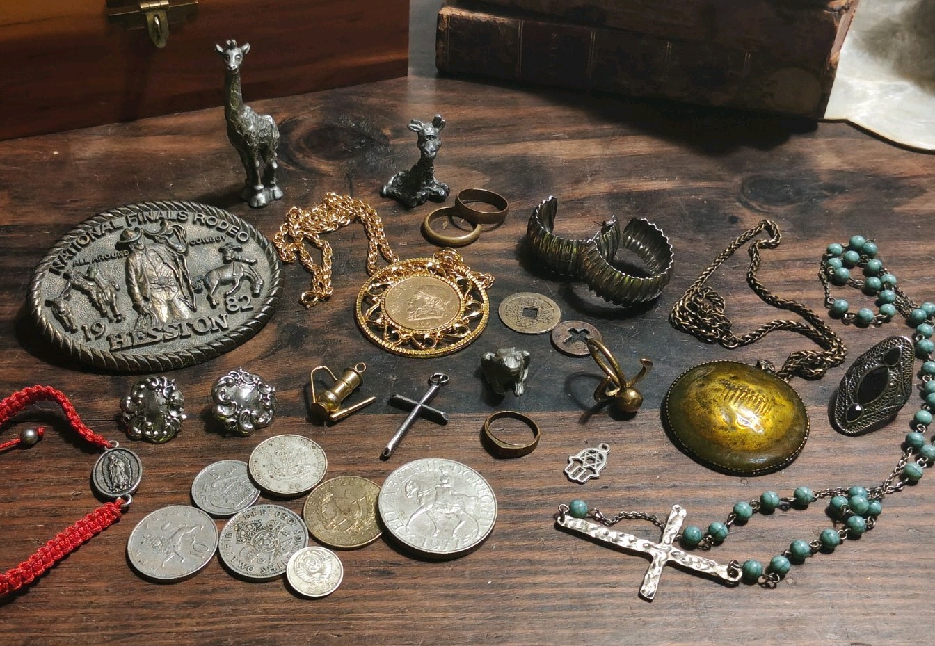 Old Lot of Vintage jewelry & old coins Lot including silver cross Junk Drawer