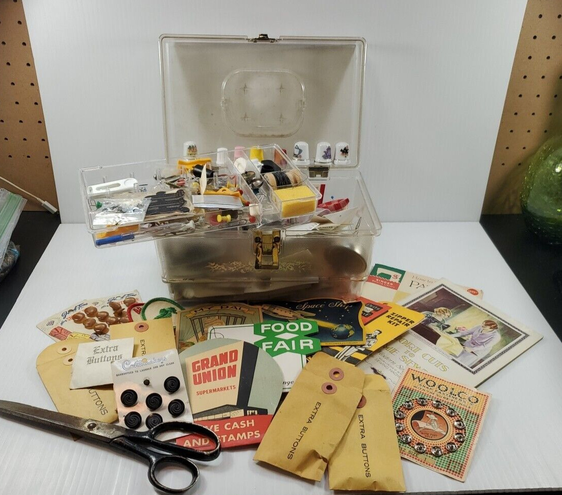Sewing Box Filled with Supplies Thread, Needles, Vintage Buttons, Thimbles, etc