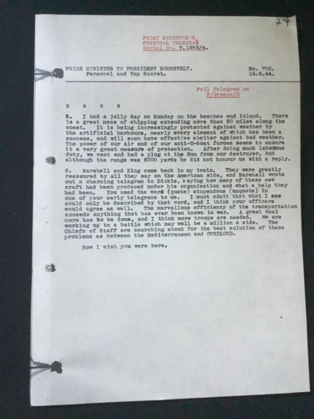 CHURCHILL'S TELEGRAM TO PRESIDENT ROOSEVELT IN 1944 ON A DESTROYER OFF NORMANDY 