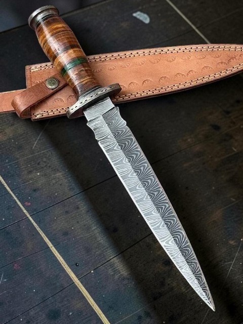 Custom Handmade Damascus Steel 15 Inches Dagger Knife - Leather Handle w Brass