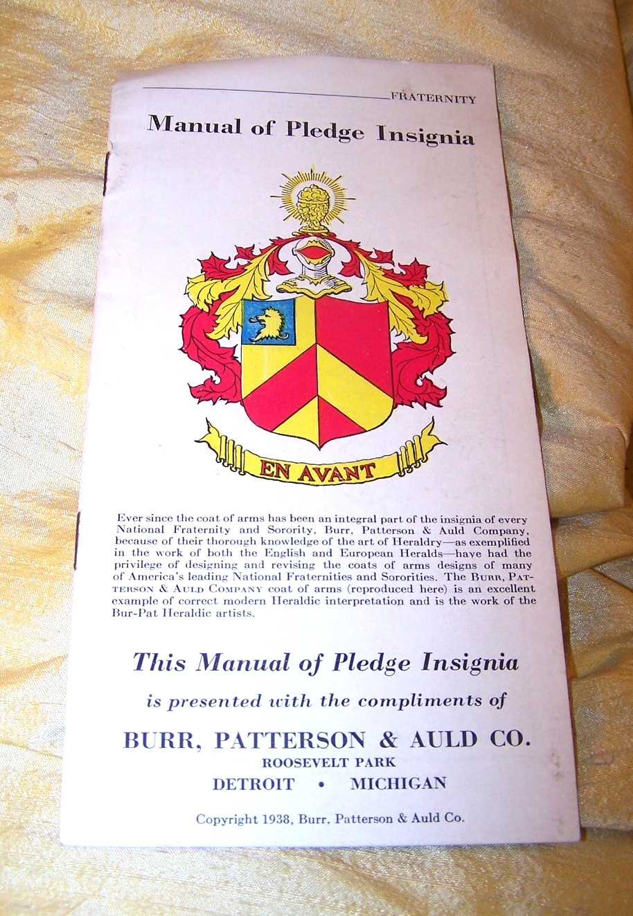 ANTIQUE Burr, Patterson & Auld fraternity / sorority pledge pin manual, 1938 OLD