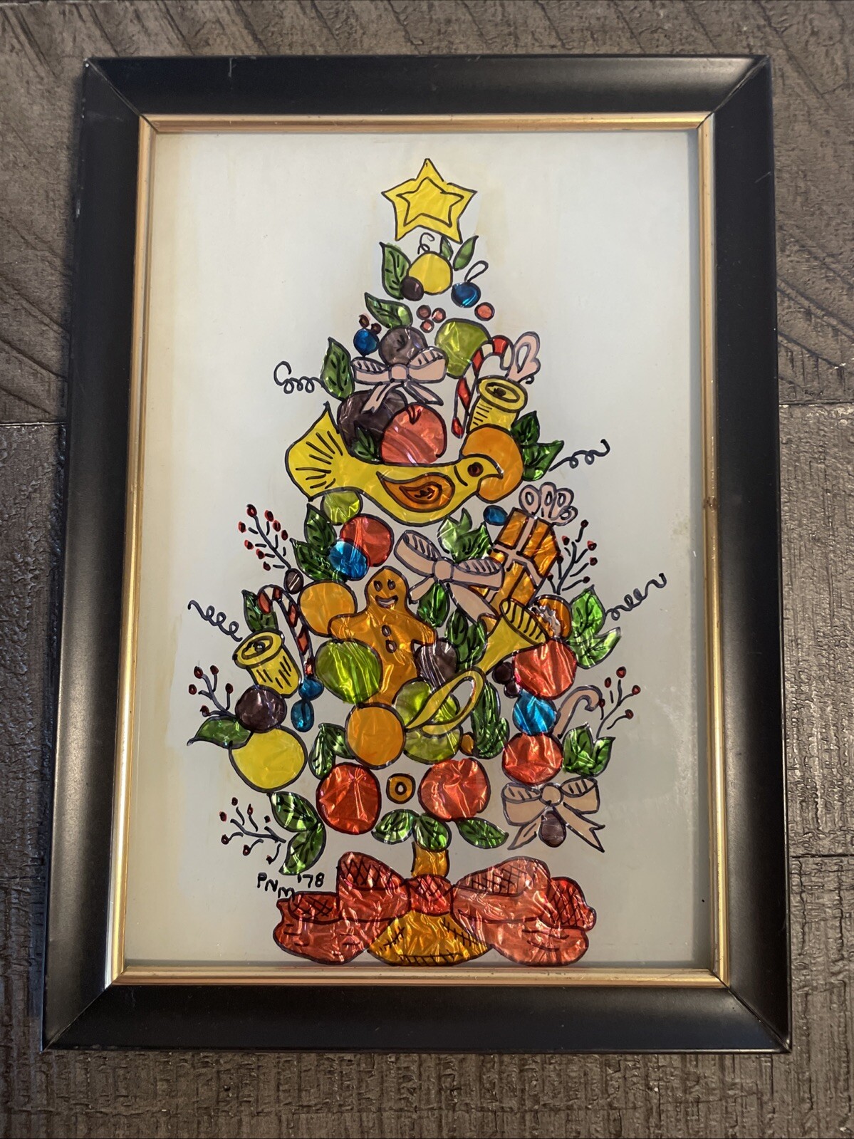 Vintage Foil Art Christmas Tree Art Work Picture Signed PNM 1978