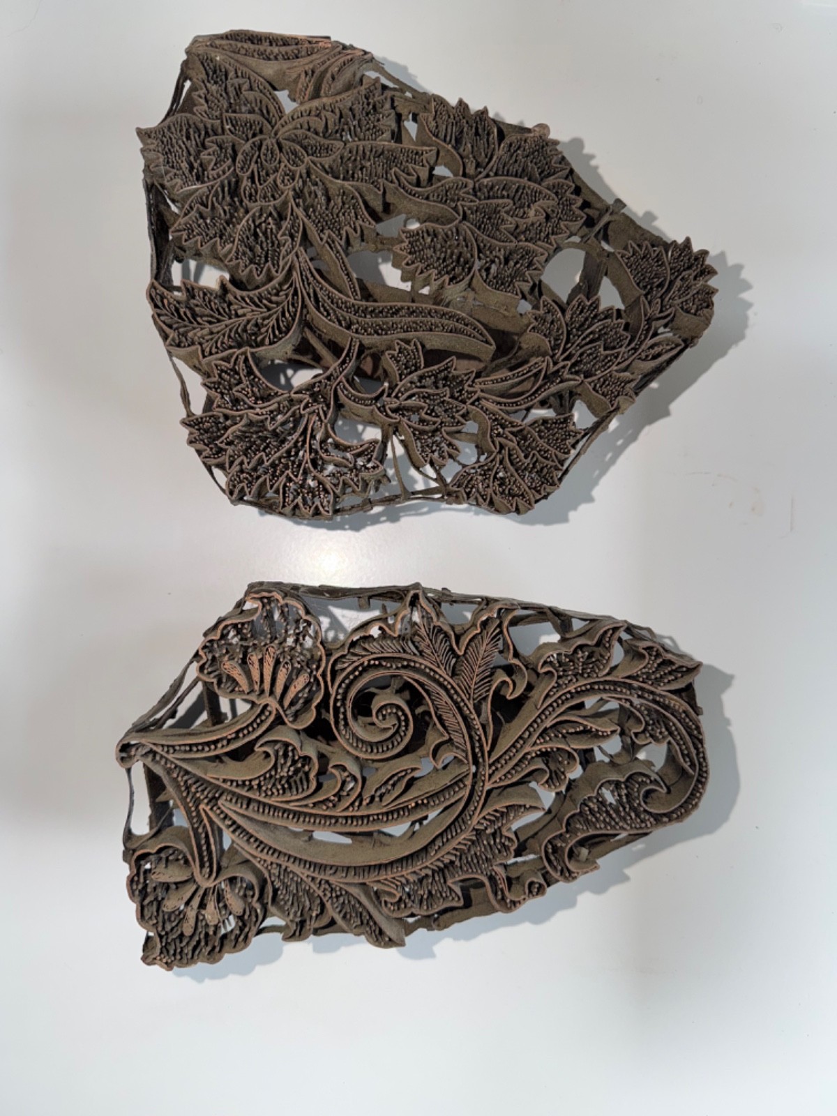 Pair Vintage Indonesian Copper Batik Tjap Stamps Floral Textile Printing Blocks