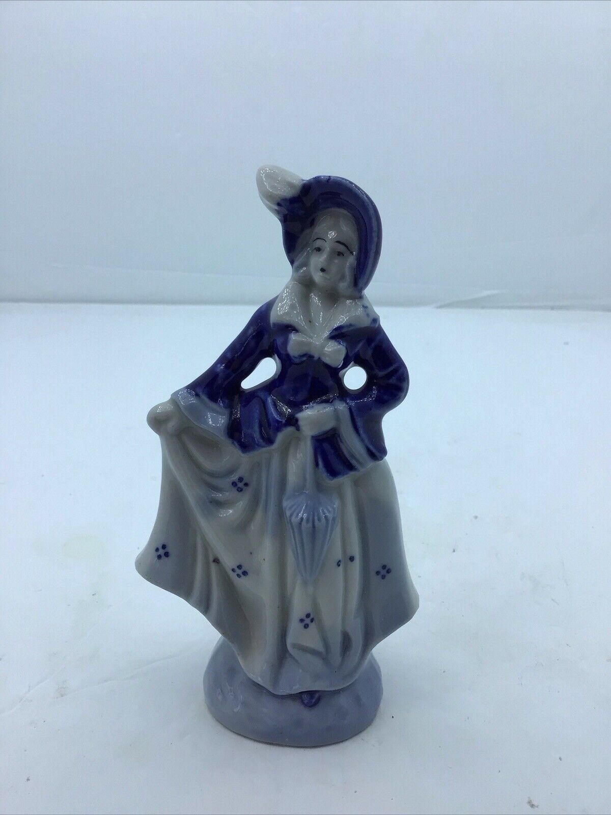 Vintage Porcelain Blue and White Lady With Umbrella Japan