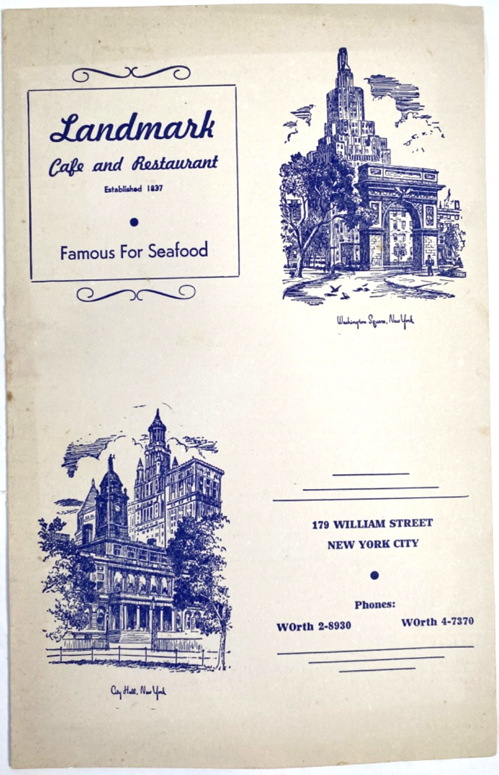1959 Landmark Cafe And Restaurant Vtg Dinner Menu New York City 179 William St.