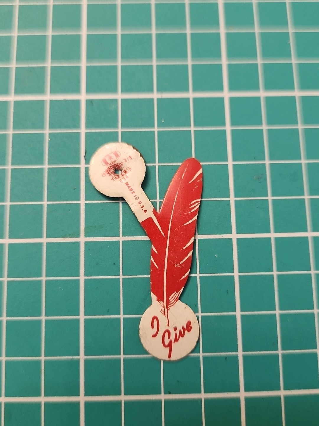 Vtg American Red Cross I Give Red Feather Silver Tone Lapel Pin