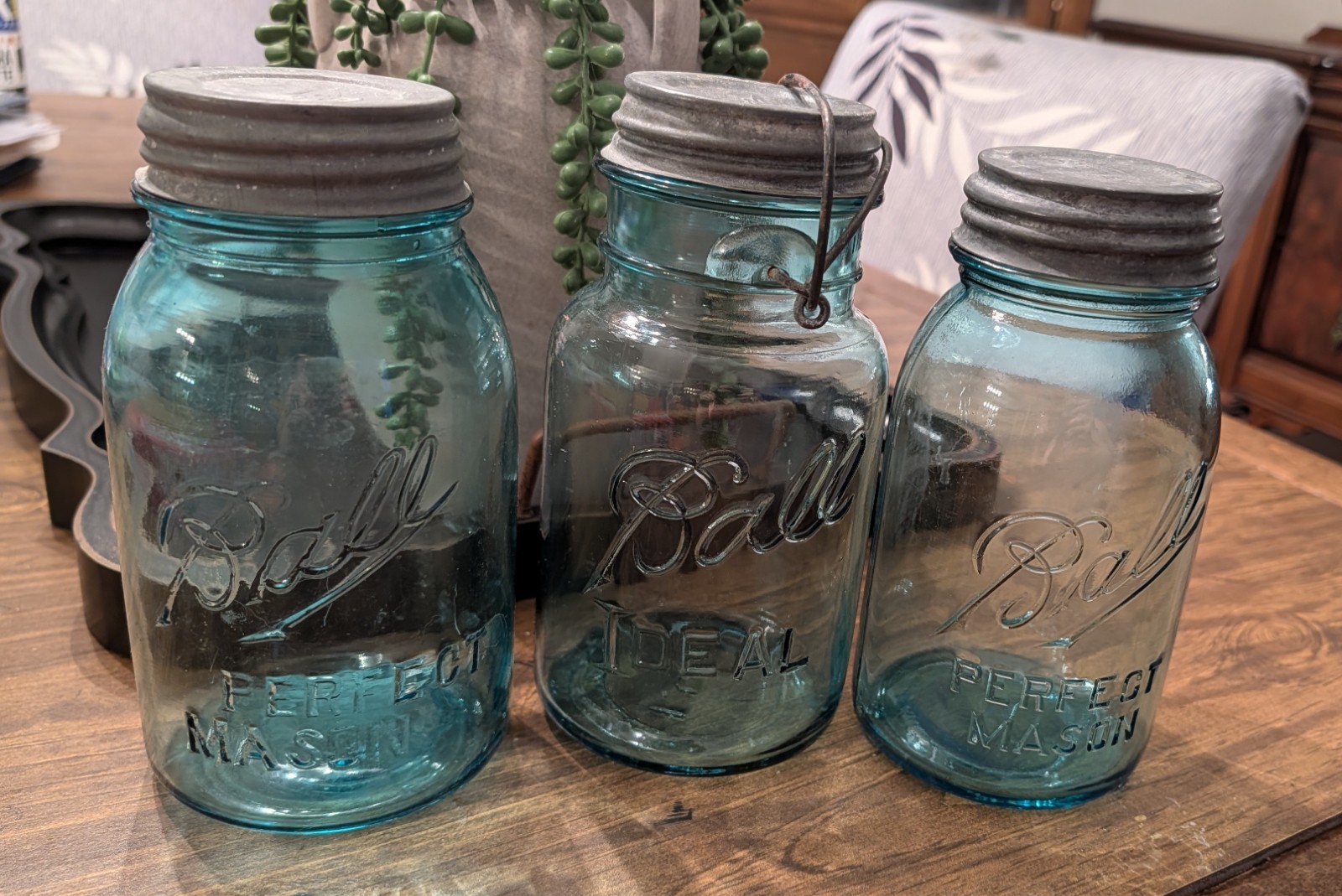 3-Vintage Aqua Blue Ideal and Perfect Mason jars.Quart with Zinc Lids. #3 #6 #10