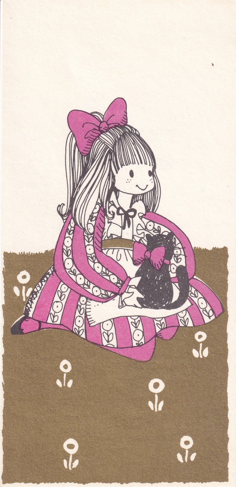 Vintage Girl Black Cat Greeting Card Gold Foil Mid Century Retro Kitsch