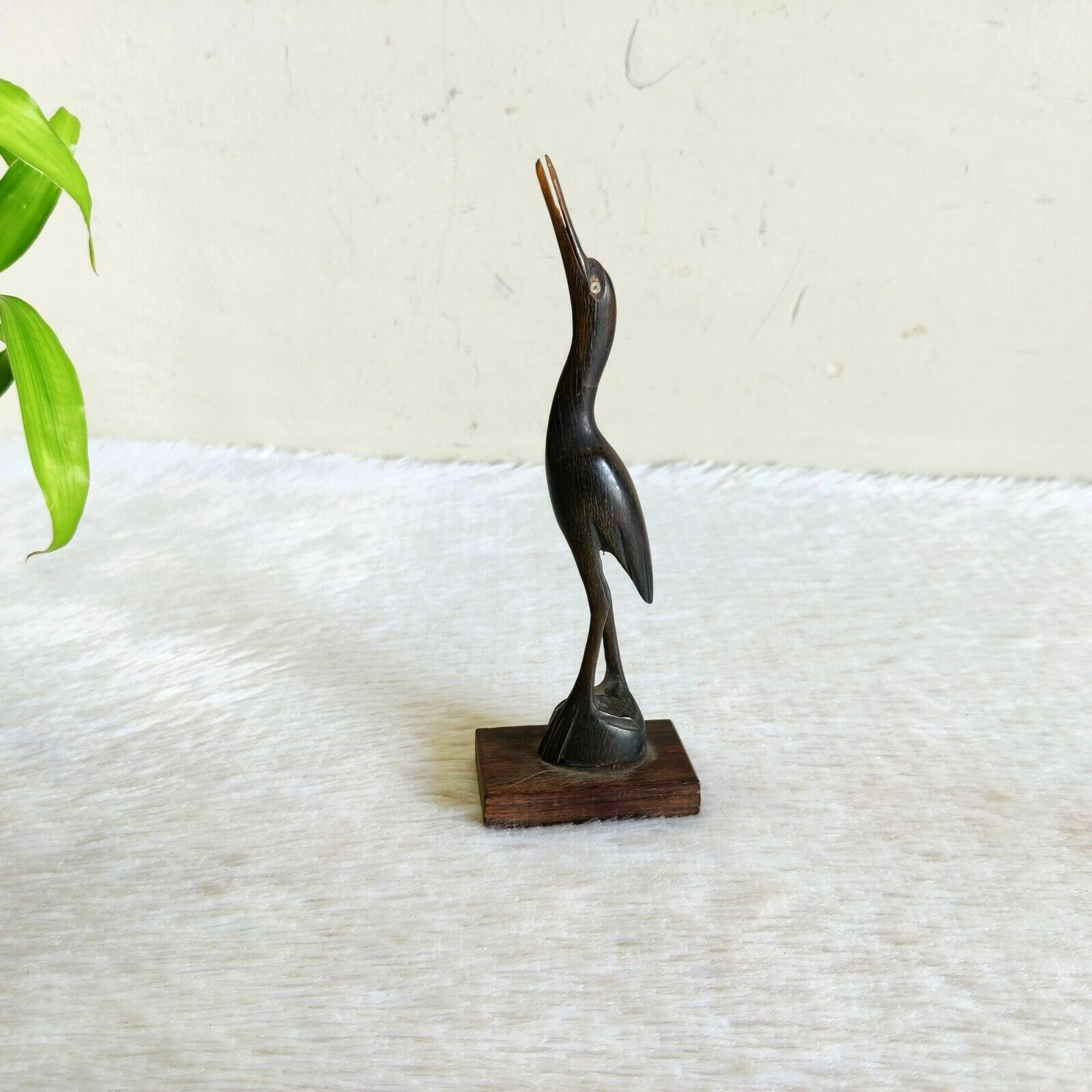 Vintage Crane Bird Horn Figurine Figure Wooden Base Decorative Collectible W910