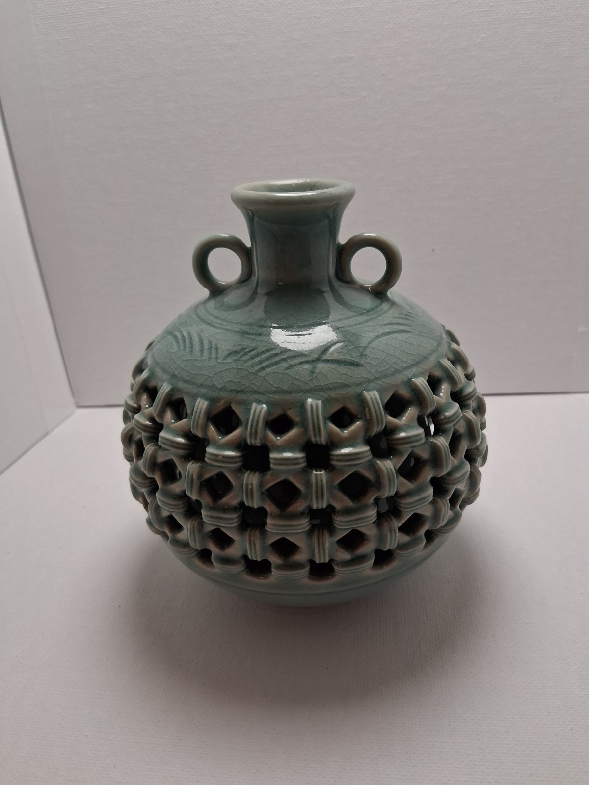 Vintage Korean Celadon Reticulated Double Wall Vase Openwork Ponghak Kiln Signed