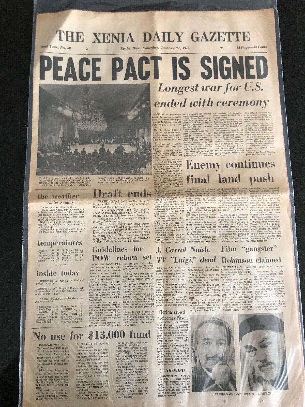 Vintage January 27 1973 The Xenia OH Daily Gazette Newspaper End of Vietnam War 