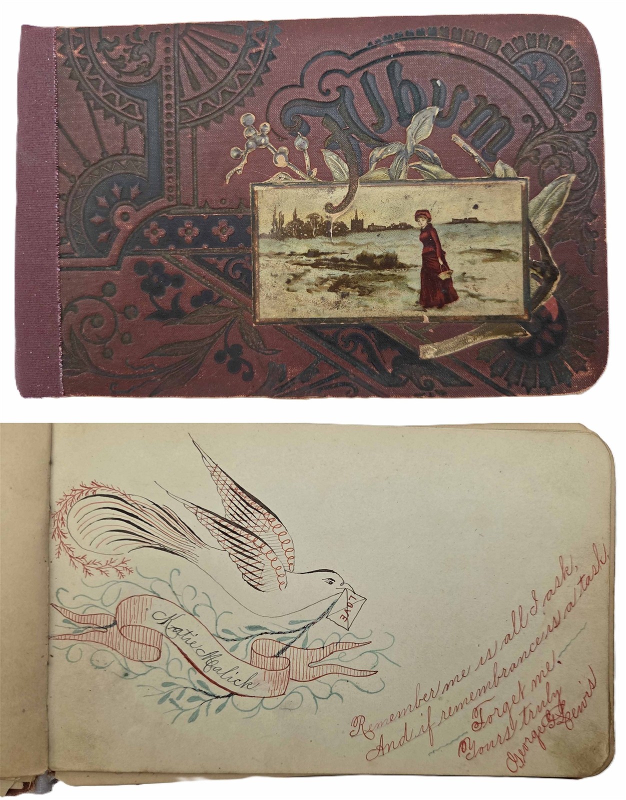 1891 antique AUTOGRAPH ALBUM shamokin pa KATIE MALICK folk art drawings