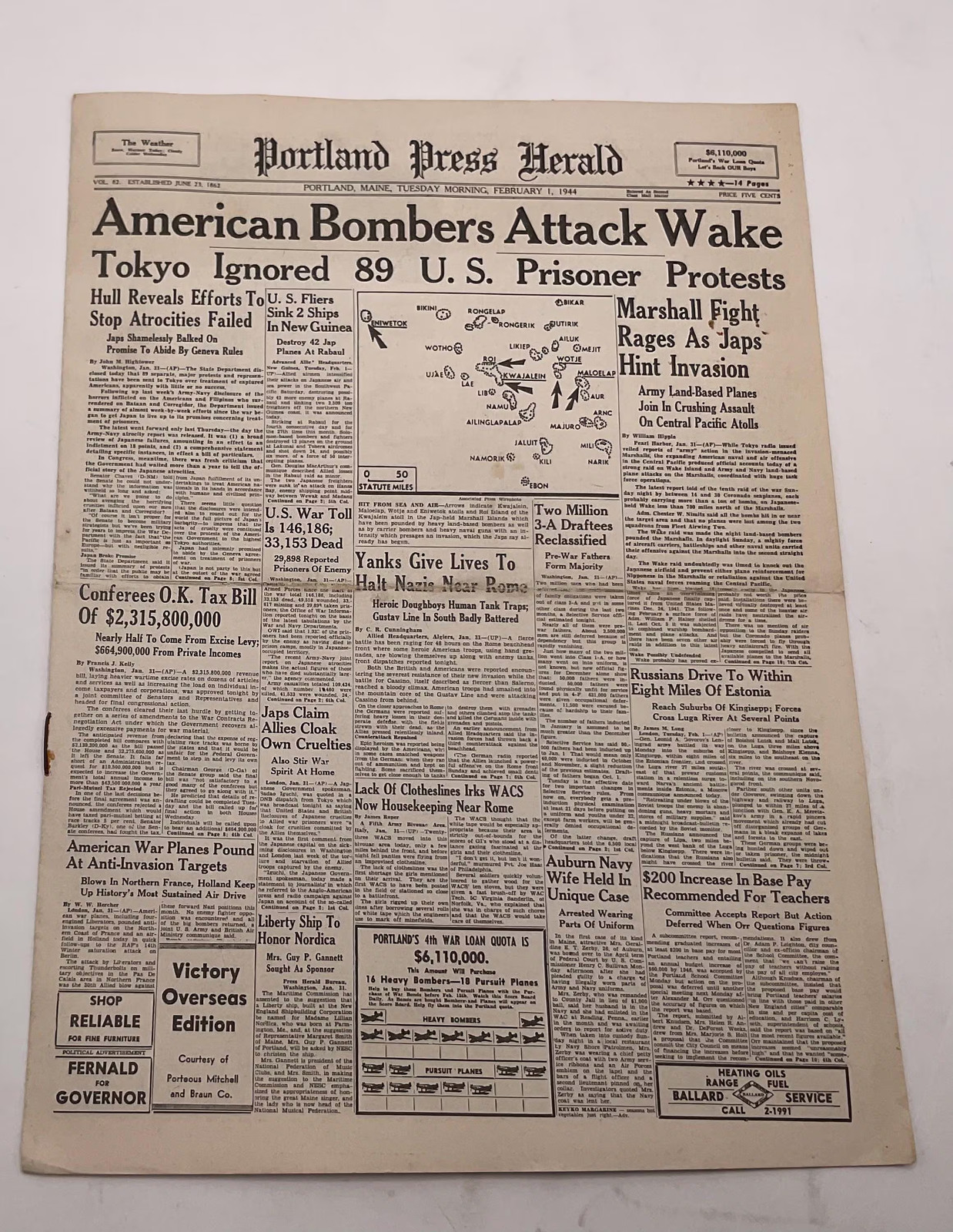 Original Vintage February 1 1944 Portland Press Herald Newspaper WWII Wake Isla