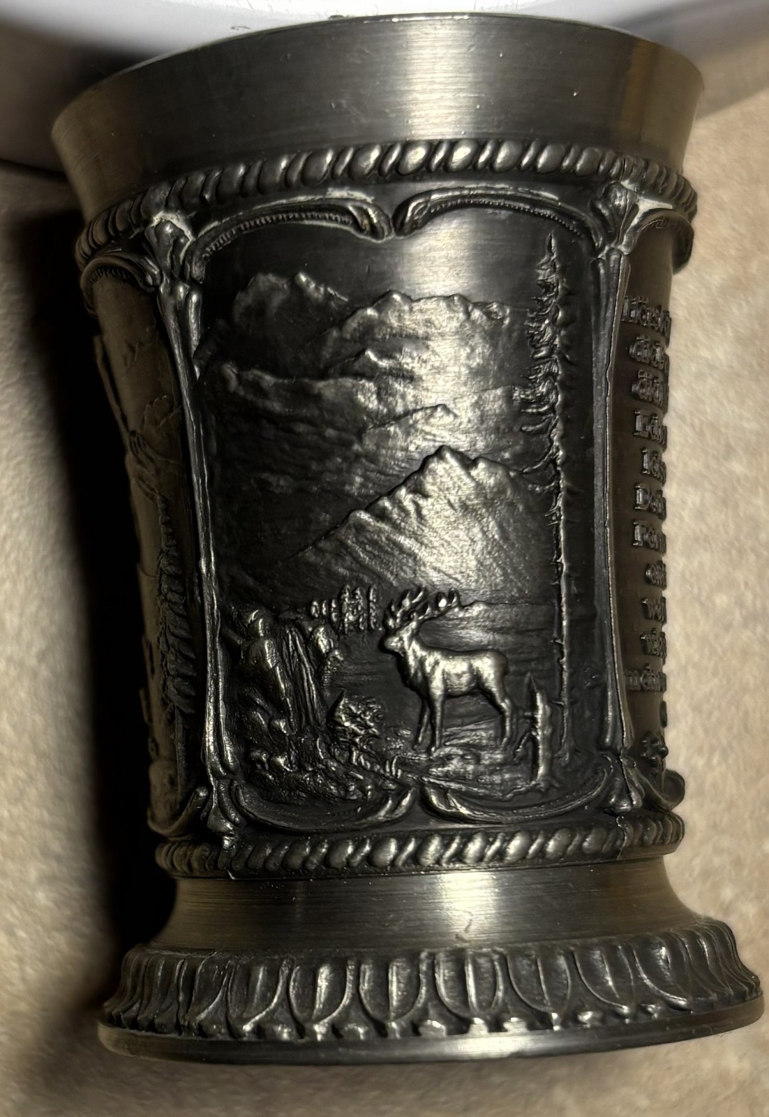 SKS ZINN 95% Pewter Shot Glass, 4 Raised Relief Designs, Made in Germany 2.20 SKS ZINN 95% Pewter Shot Glass, 4 Raised Relief Designs, Made in Germany 2.20