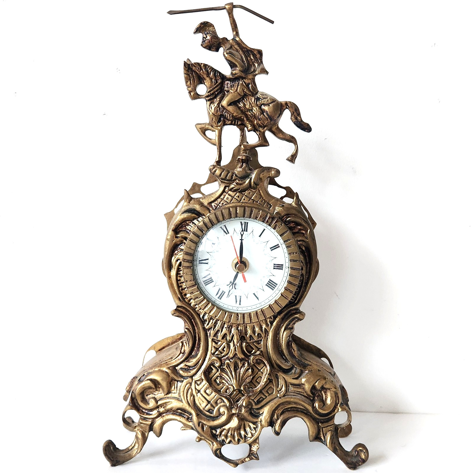 Vintage 1970s Solid Brass Jousting Knight Horse Mantel Clock 15