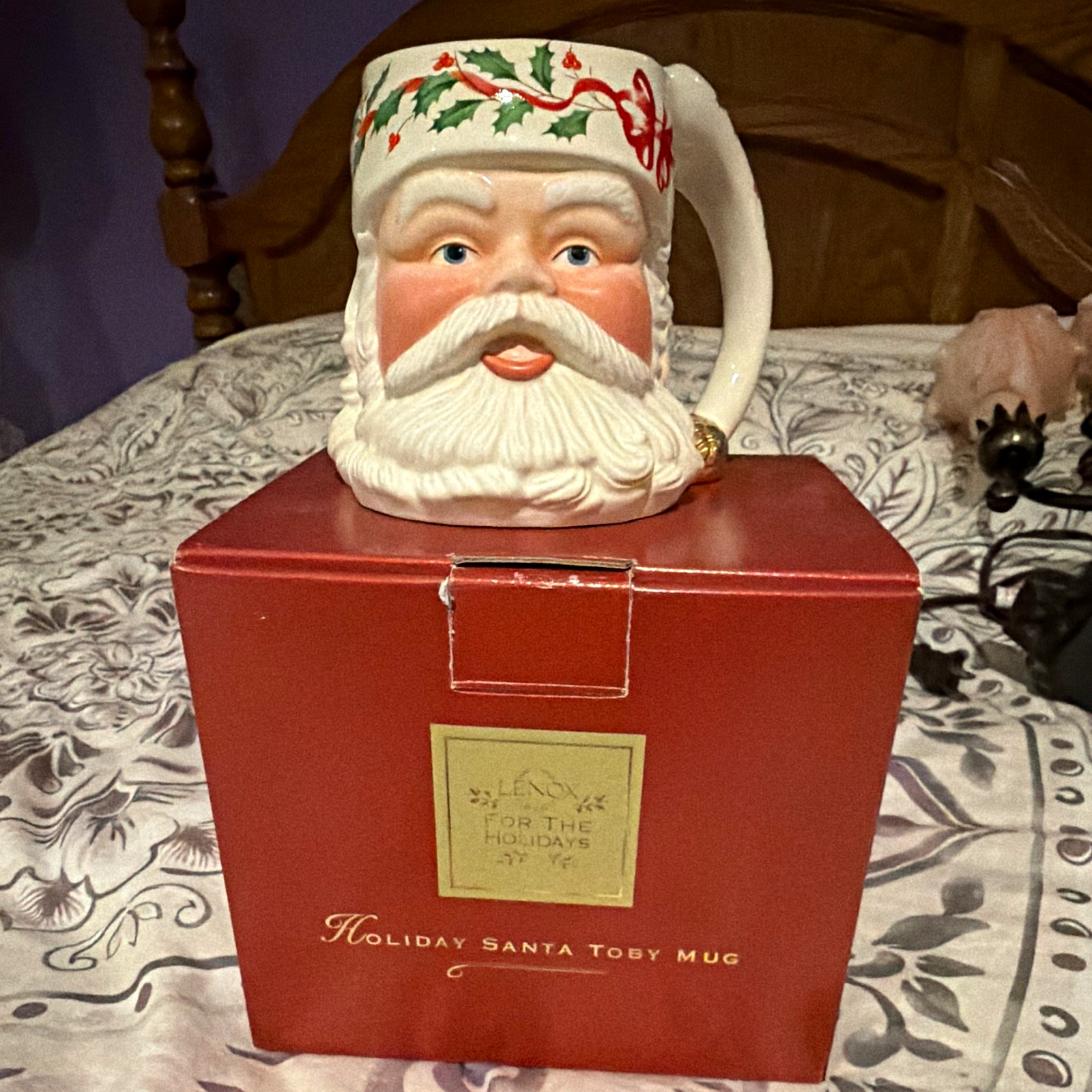 Lenox Holiday Santa Toby Mug Christmas Holly Pattern Ceramic White Red Green 