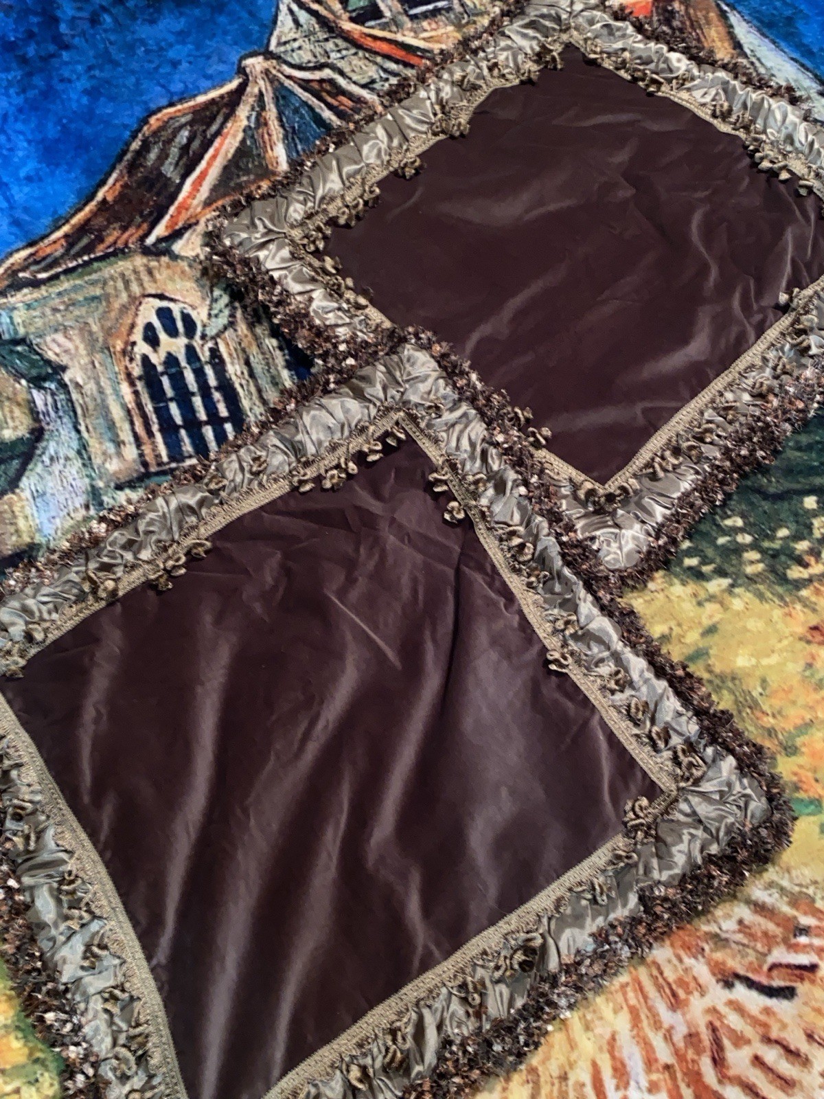 VTG SATIN FRENCH REGAL TEXTURED FRINGE RICH BROWN SAGE SET 4 PILLOWCASE SHAMS K