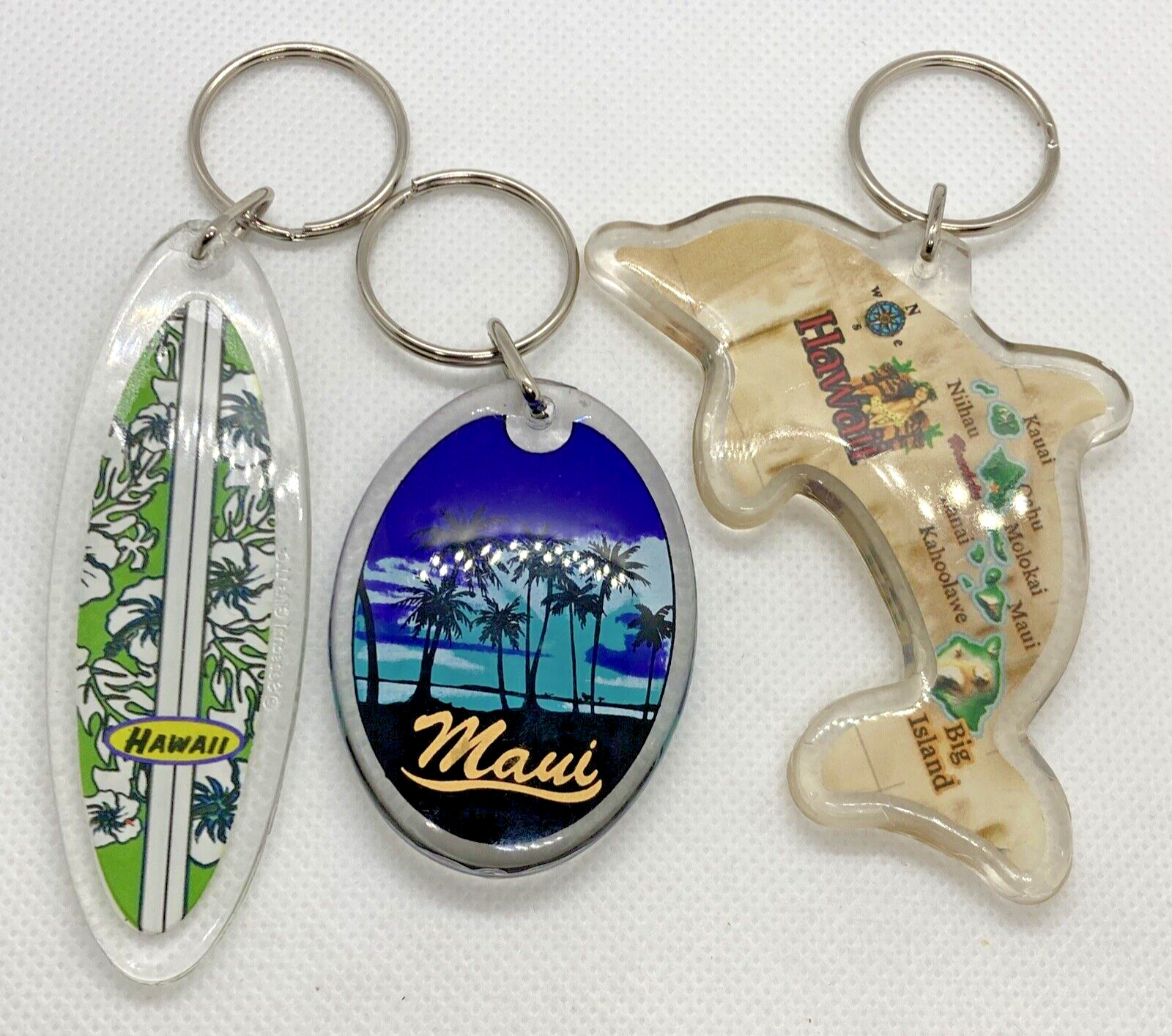 Lot of 3 Hawaii Plastic Keychains Surfboard Dolphin Maui Travel Gift Tourism