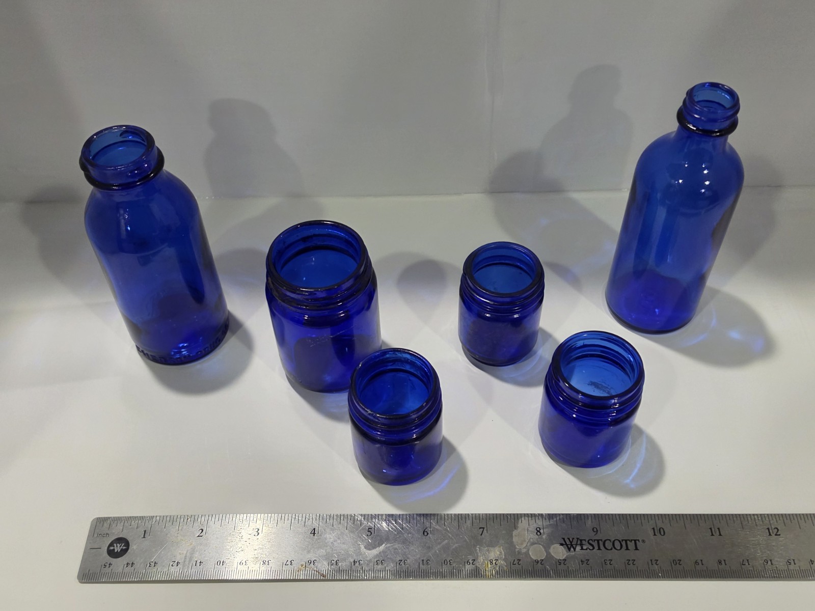 Lot of 6 Vintage Cobalt Blue Glass Bottles & Jars Apothecary Vicks Bromo Small
