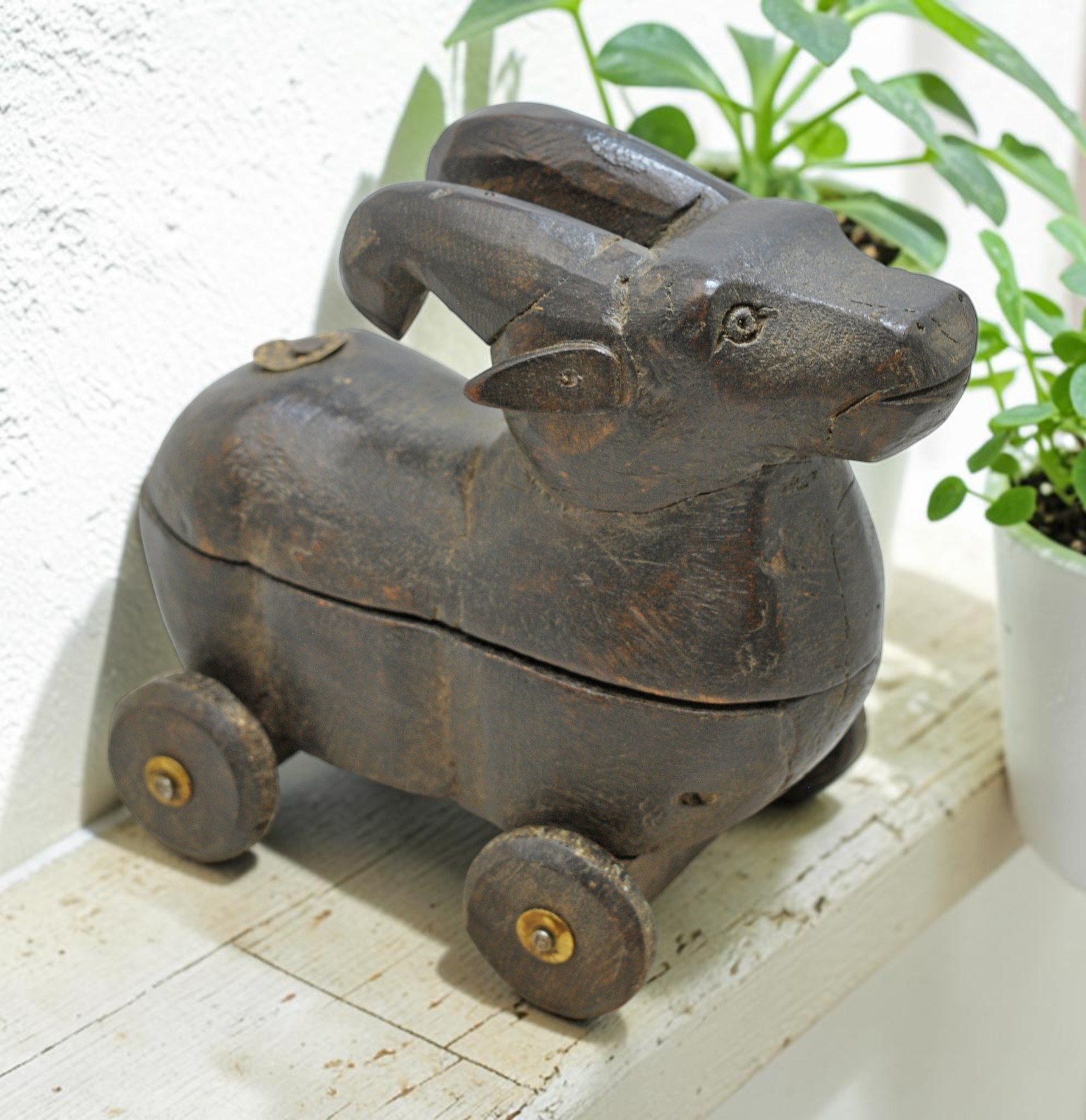 Vintage Wooden Ram on Wheels Figurine Spice Box Original Old Hand Carved