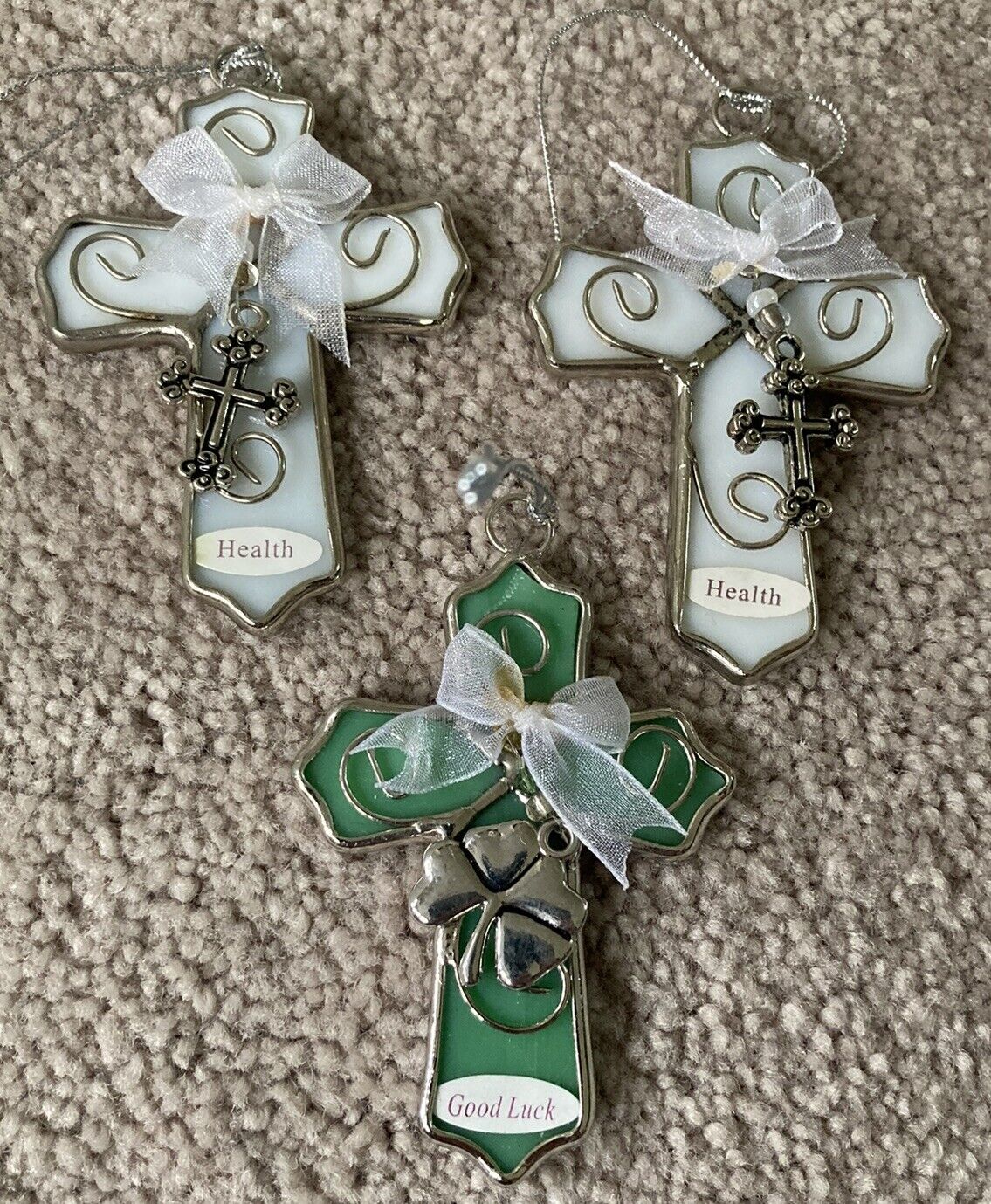 3 Ganz Stain Glass Cross Ornaments Health White Good Luck Green
