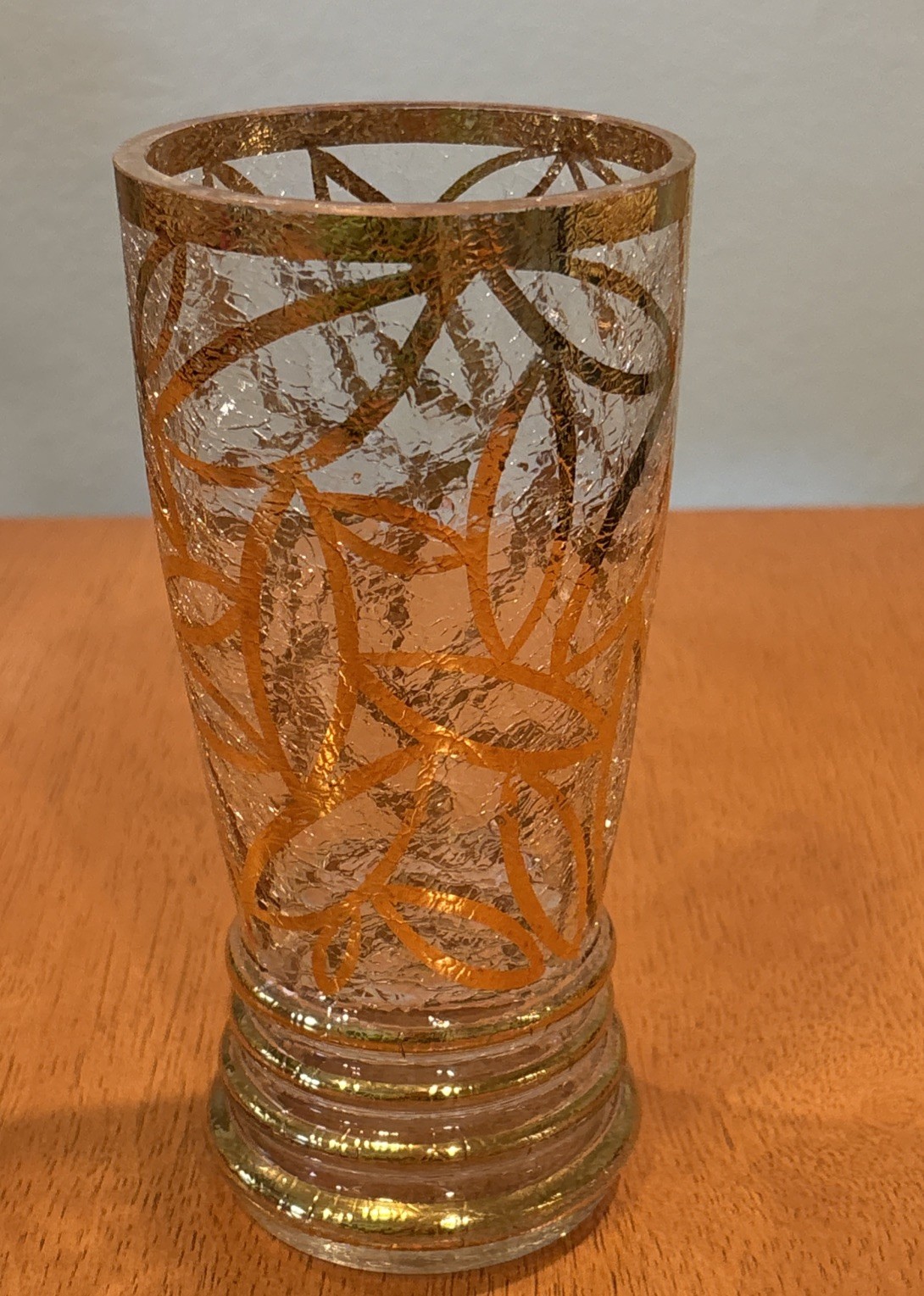 Gold Tone Accented Crackle Glass Vase 8” Tall 3” Wide Beautiful