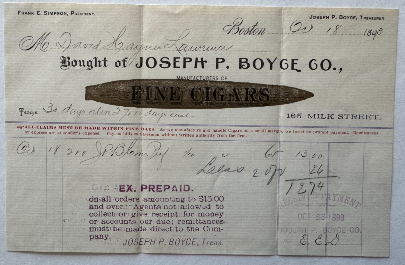 Vintage 1893 Billhead Boston Massachusetts Joseph P Boyce Cigars tobacco Milk St