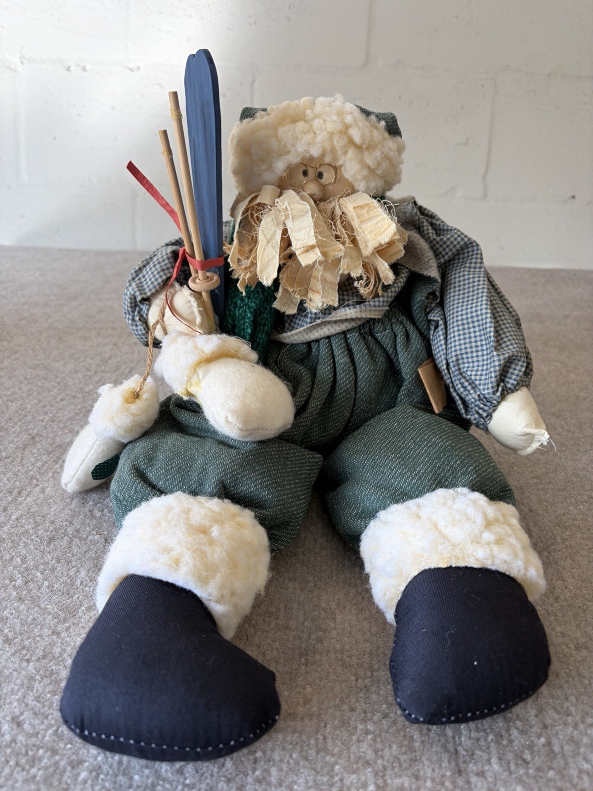 Vintage 1996 Skiing Santa Claus Plush Doll Christmas Rustic Lodge Decor