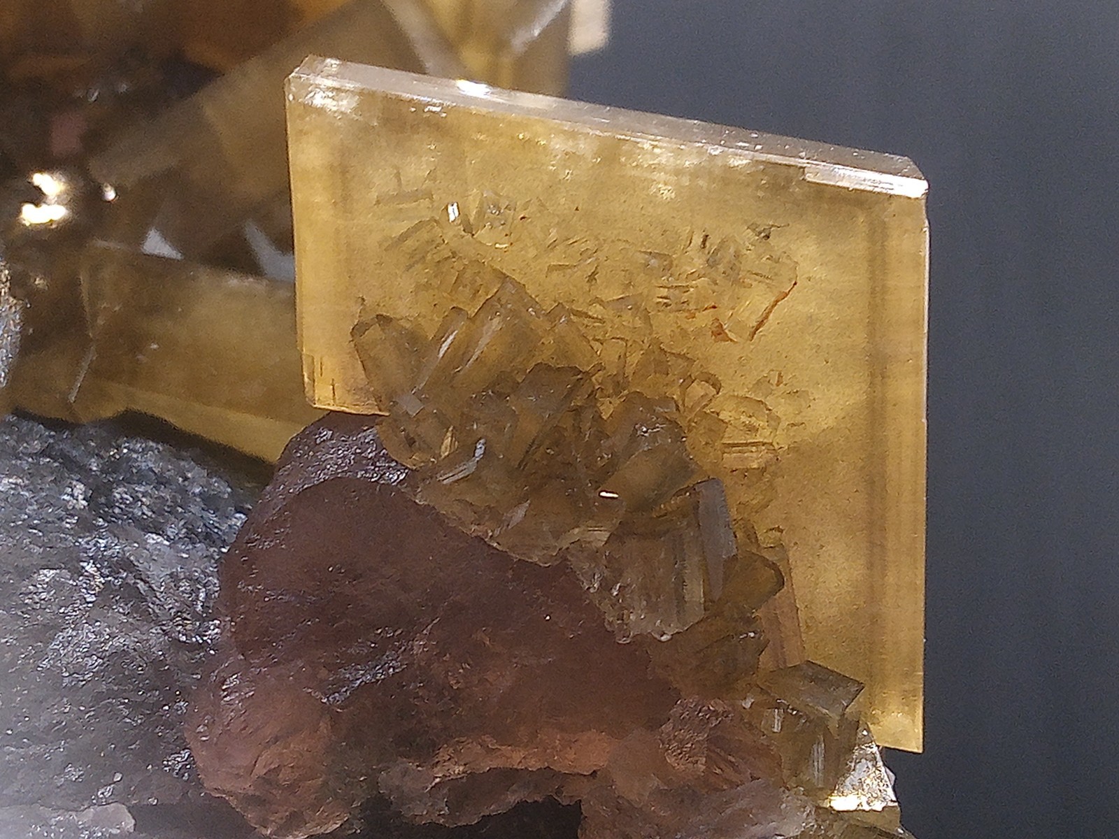 Yellow Baryte on Purple Botryoidal Fluorite with Amazing Phantoms