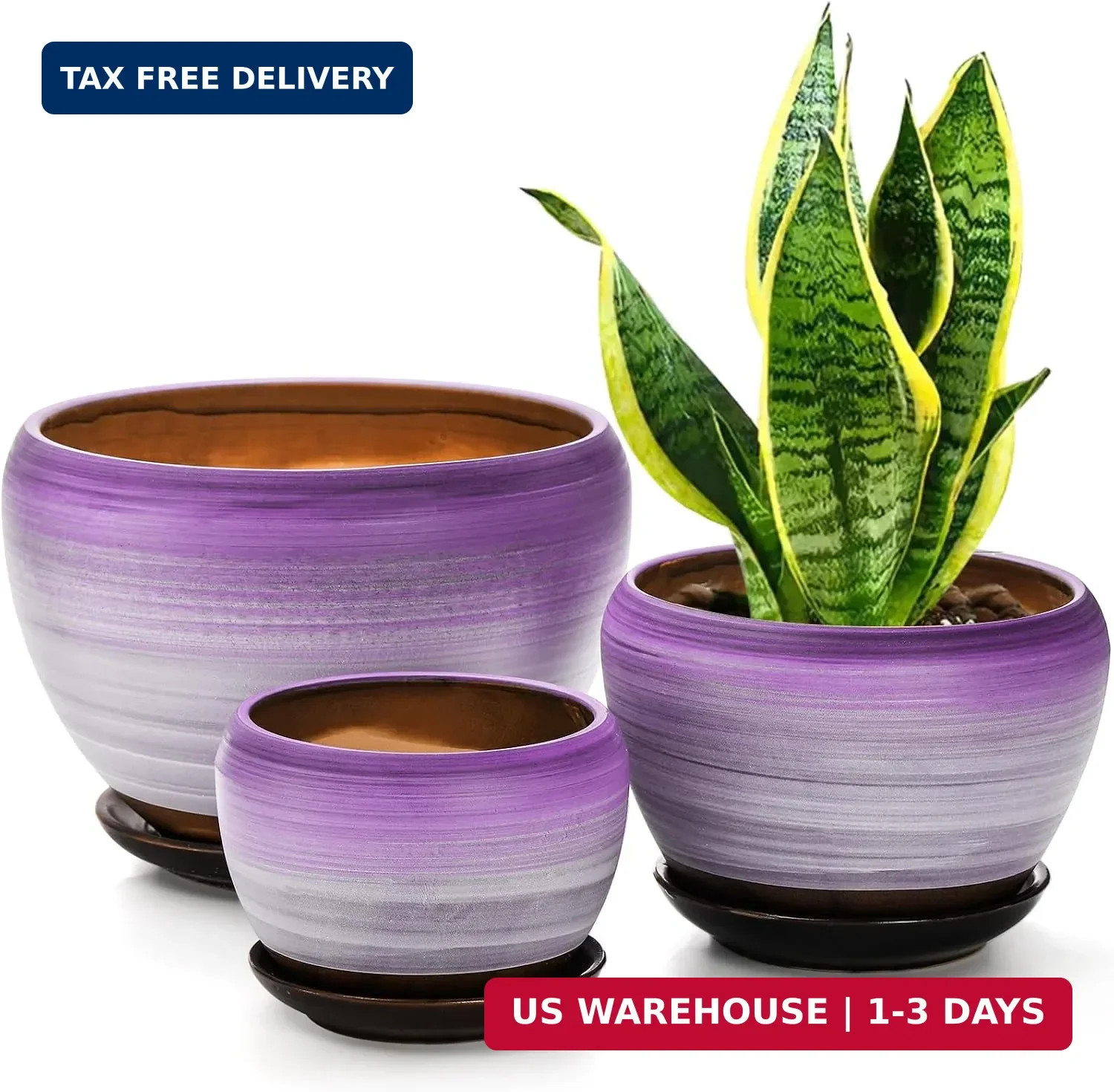 Set of 3 Ceramic Flower Pots, Gardening Plant Pot with Drainage Holes and Saucer