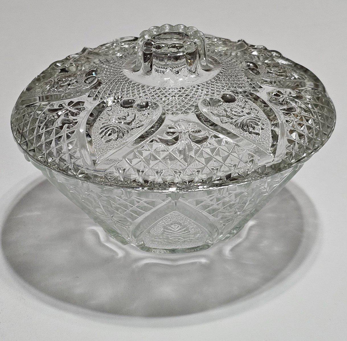 Vintage Firna Cut Glass Bowl With Lid in Heart Pattern Motif