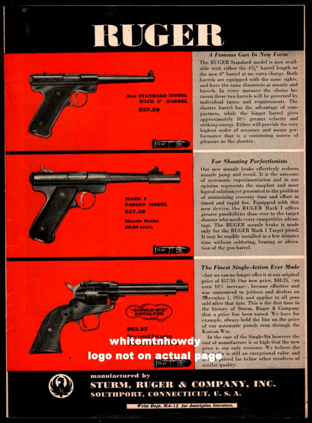 1954 RUGER Standard and Mark I Target Pistol, Single-Six Revolver PRINT AD