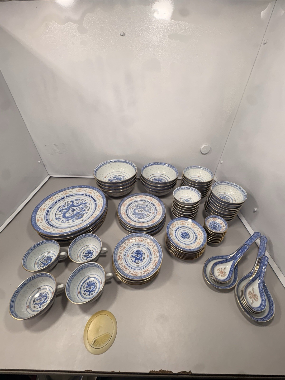 82 Pc Vintage Chinese Rice Grain Porcelain Dragon Dinnerware Set Blue Gold