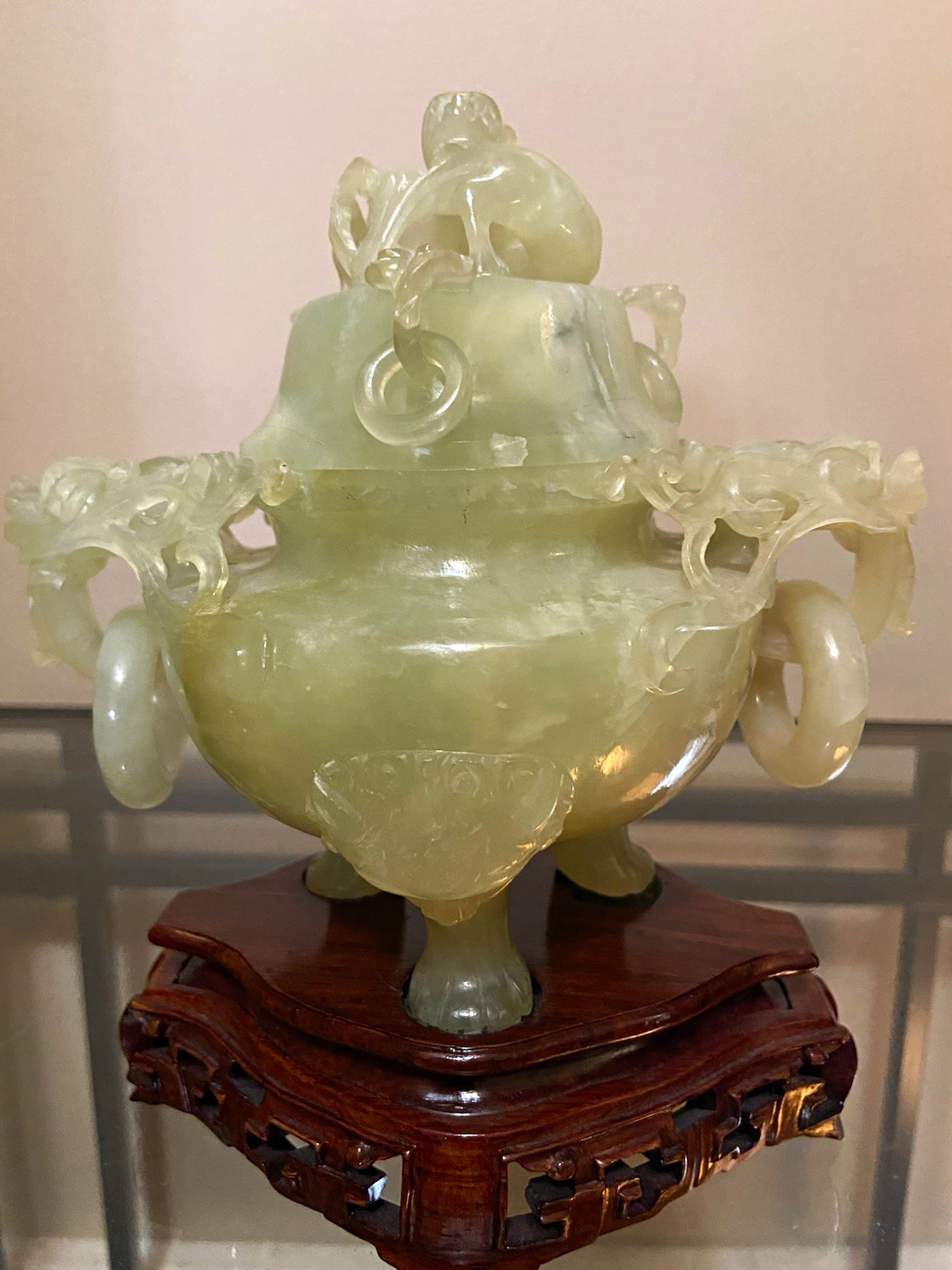 Vintage Chinese Carved Celadon Jade Stone Lidded Incense Censer w Wood Stand