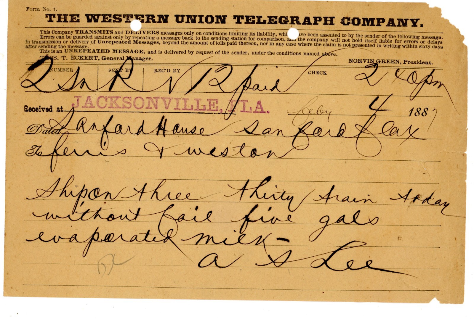 1887 Western Union Telegram Jacksonville FL 2 Sanford Ship on three-thirty train