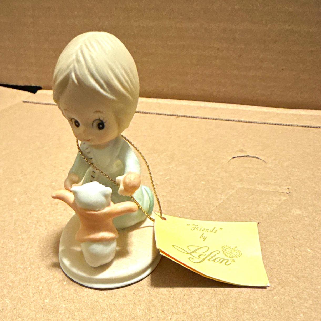 Lefton Friends Porcelain Figurine Hand Painted Boy w/ Teddy Bear White Blue Pink
