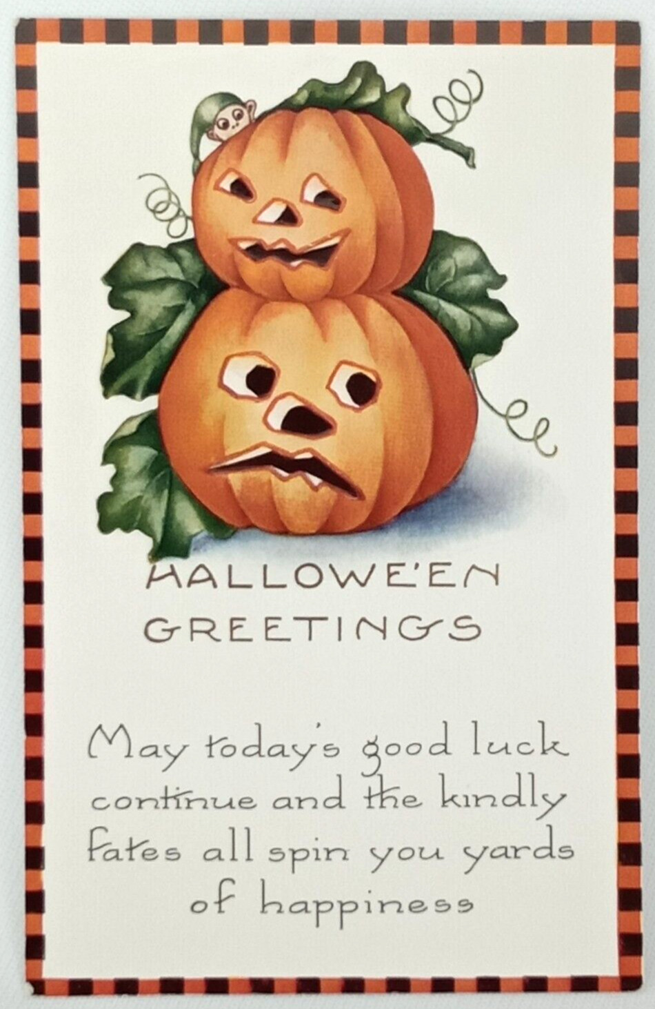 Halloween Post Card Whitney Made Elf Peeking Stacked Jack O Lantern Unposted