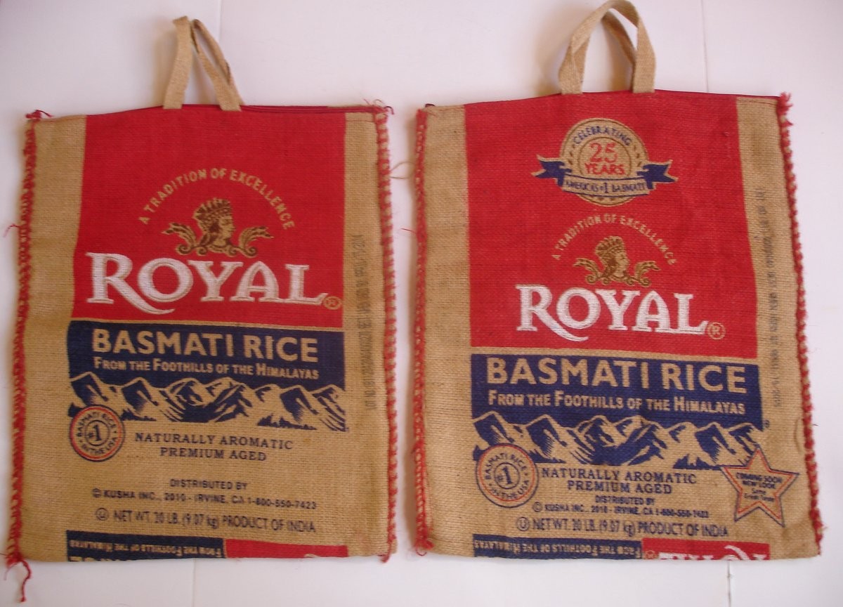 VTG Royal Basmati Rice Burlap Bags India Upcycle Repurpose: Pillow, Tote LOT 2