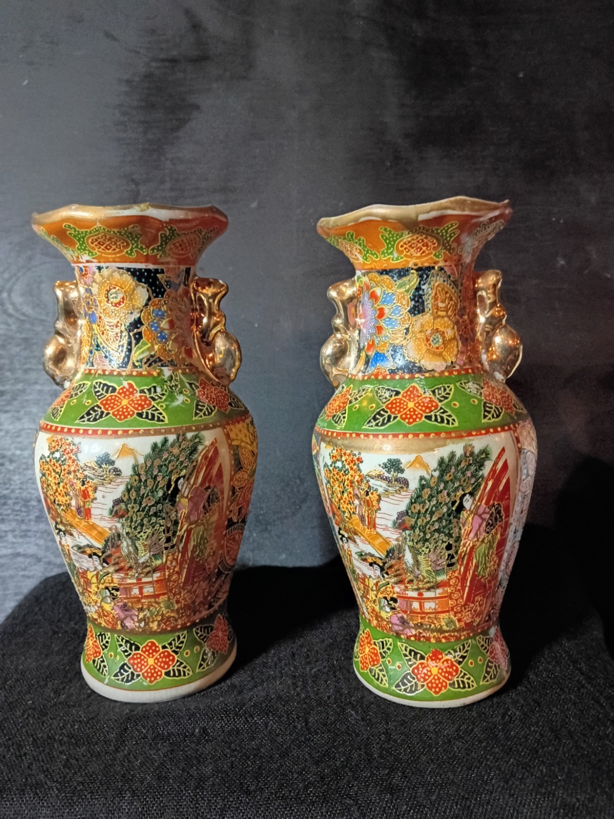 Vintage Pair Of Royal Satsuma Style Japanese Vases Gold Moriage Hand painted 70s